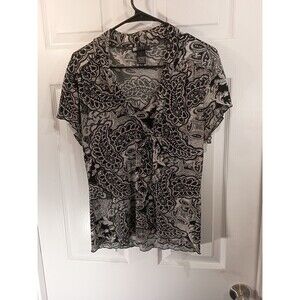 Carole Little Top Size L Black And White Short Sleeve Tie Neck